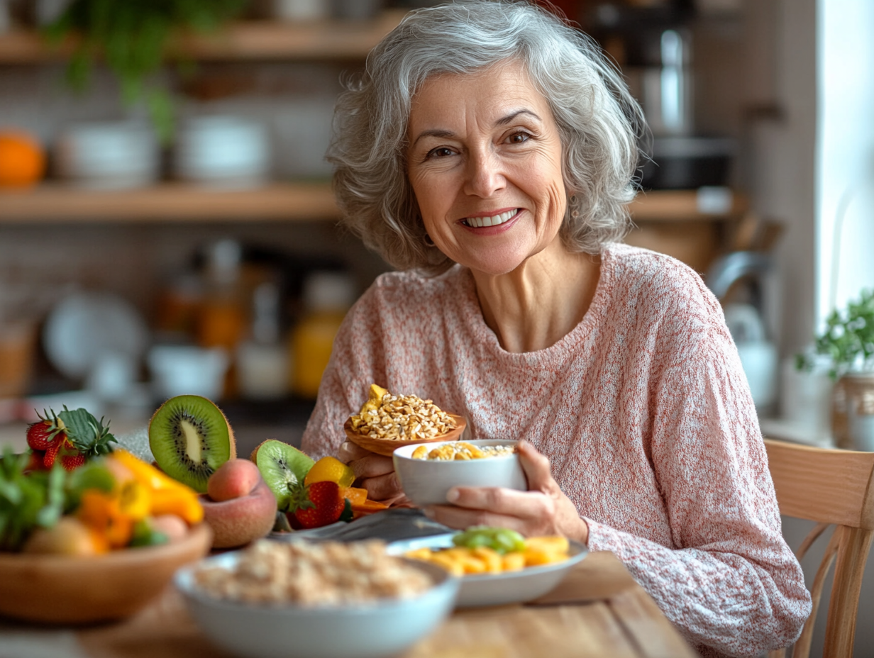 Щаслива пара старшого віку готує здорову їжу на кухні, посміхаючись та насолоджуючись процесом приготування збалансованого харчування