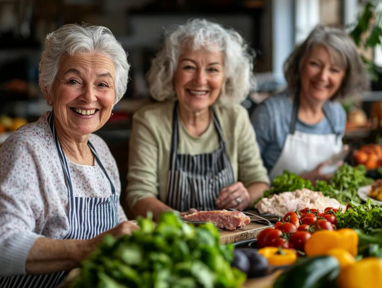Група професійних дієтологів та нутриціологів, що спеціалізуються на харчуванні людей старшого віку, посміхаються в сучасному медичному офісі